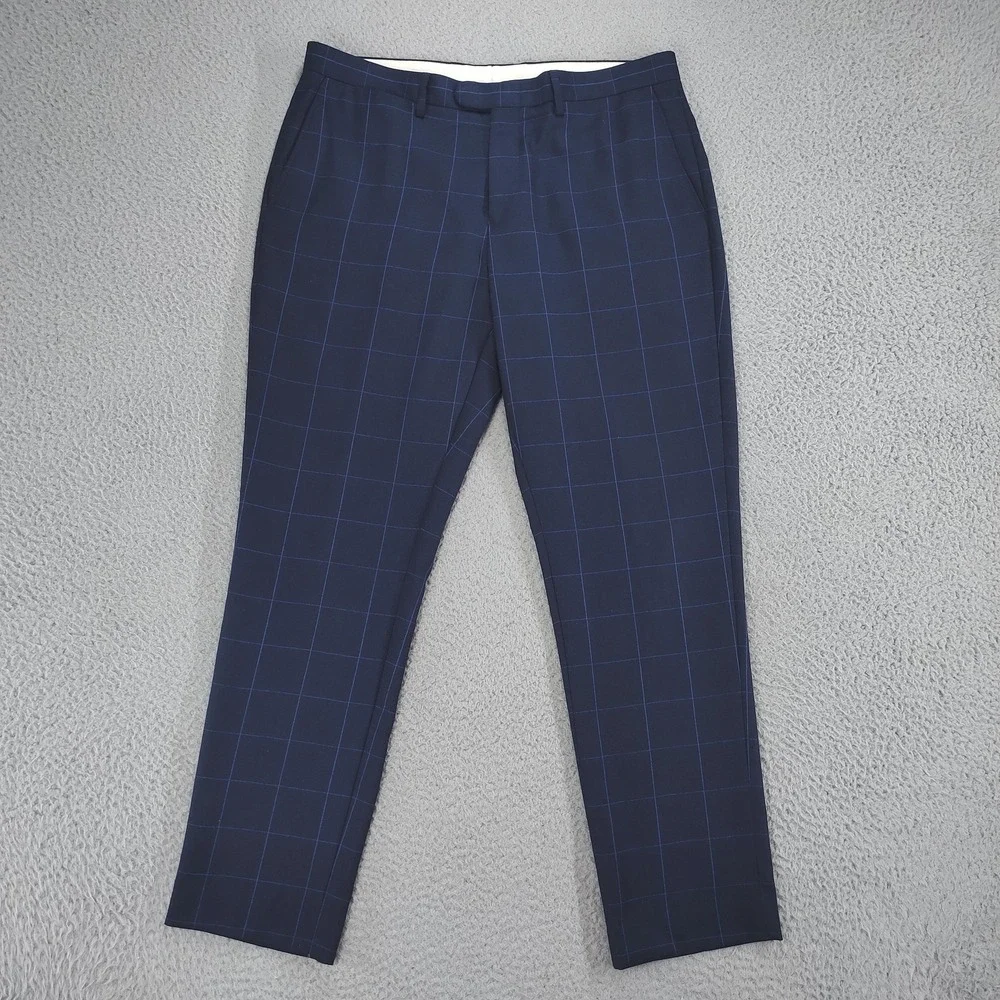 J. Crew Bowery Pants Mens 34x30 Slim Blue Windowpane Pattern Dress Slacks Hole